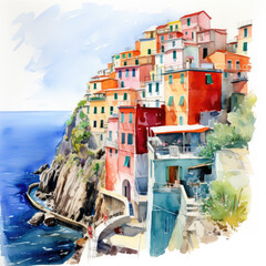 Cinque Terre Watercolor - obrazy, fototapety, plakaty