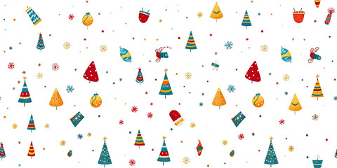 Obraz premium Christmas wallpaper with red caps, green fir trees and flakes