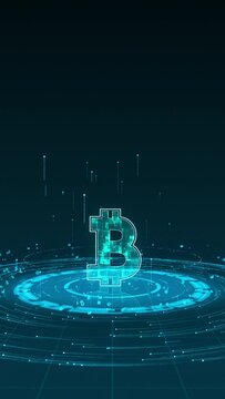 Motion graphic Blue digital money logo with particle ring circle rotation with ai technology icon on futuristic abstract background crypto currency finance and digital money vertical video concepts