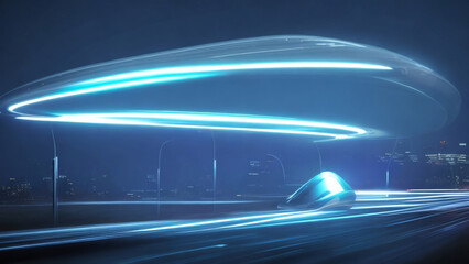 Futuristic blue neon high speed light, magnetic floating car parking dark background