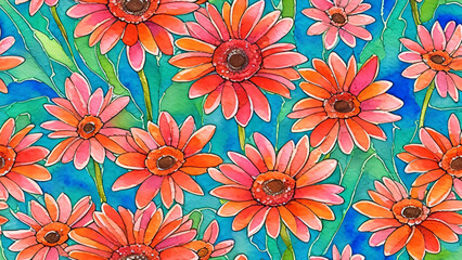 Fototapeta na wymiar watercolor beautiful Gerbera Daisy flower, tile seamless repeating pattern