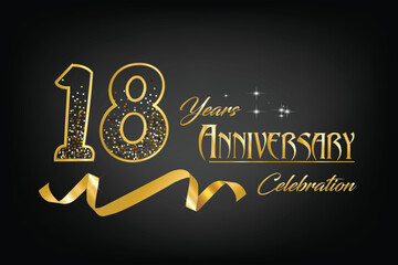 Celebrate the 18th anniversary with gold letters, gold ribbons and confetti on a dark background