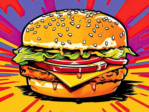 Fresh Cheese Burger. Colorful Pop Art. Wallpaper. Generative AI. Illustration