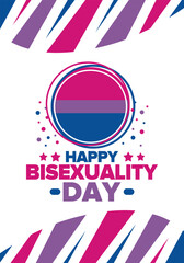 Happy Bisexuality Day. Bisexual Pride and Bi Visibility Day. Bisexual flag. Coming out. Celebrated annual in September 23. Festival and parade. Poster, card, banner, template, background. Vector