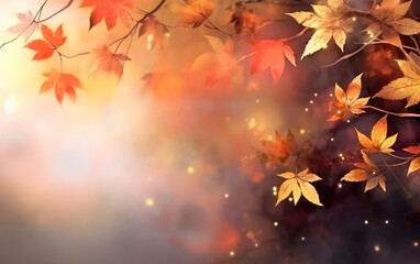 Naklejka na ściany i meble Autumn background with maple leaves and bokeh lights, toned. Generative AI.