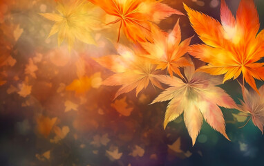 Obraz na płótnie Canvas Autumn maple leaves with bokeh lights, abstract nature background. Generative AI.