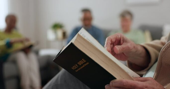 Hand, church and bible for worship, studying God or reading about Jesus for support. House, education and a person with a book for learning about religion, christian help and faith in the gospel