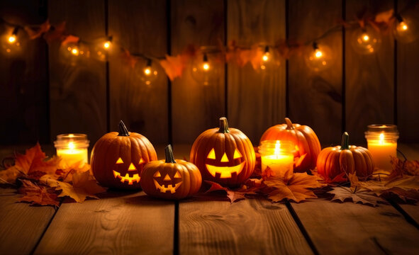 Halloween pumpkins with candles on wooden background. Halloween concept. Generative AI.