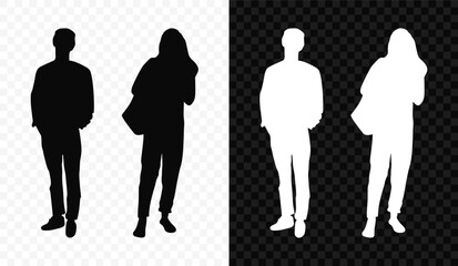Man and woman standing in casual clothes black and white silhouette on transparent background