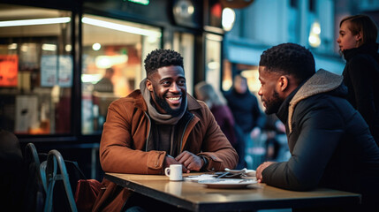 A candid scene capturing a couple of men at a restaurant table in the bustling city. 2