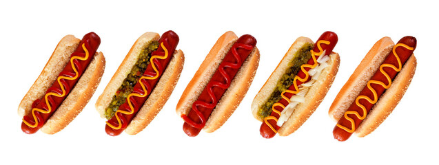 Assortment of unique hot dogs with a variety of toppings in sesame seed buns. Above view isolated...