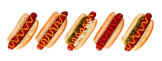 Group of unique hot dogs with an assortment of toppings. Top view isolated on a white background. © Jenifoto