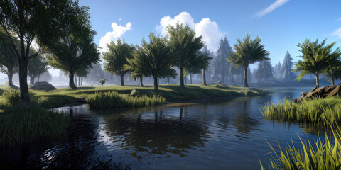 Fototapeta na wymiar Photorealistic 3D Environment Scenic Natural Pond With Rays Of Light Misty Morning
