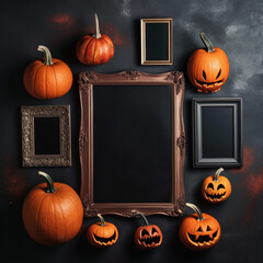 Halloween pumpkins with frames for photos, grey background.