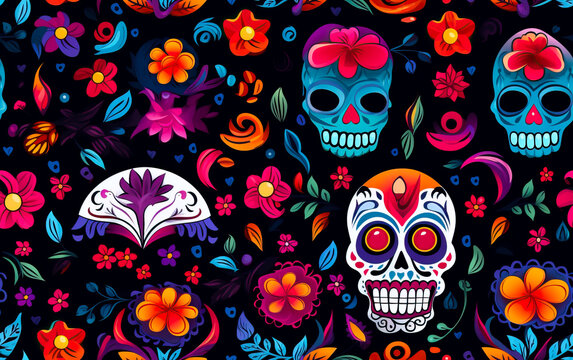 Day of The Dead colorful sugar skull pattern with floral ornaments. Mexican or Latin Halloween celebration. Seamless texture pattern.