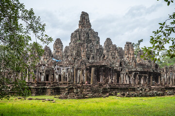 views of bayon temple in agkor wat complex, cambodia