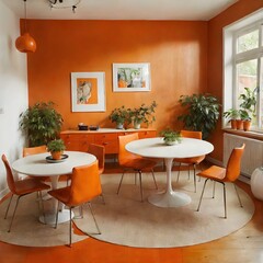 Orange leather chairs at round dining table against green wall, AI generation