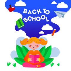child with a book poster back to school with clouds