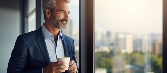 Well dressed businessman with coffee looking out window for advertisement text - obrazy, fototapety, plakaty