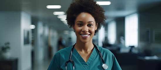 Smiling biracial female healthcare worker in hospital corridor open area for copy medical services