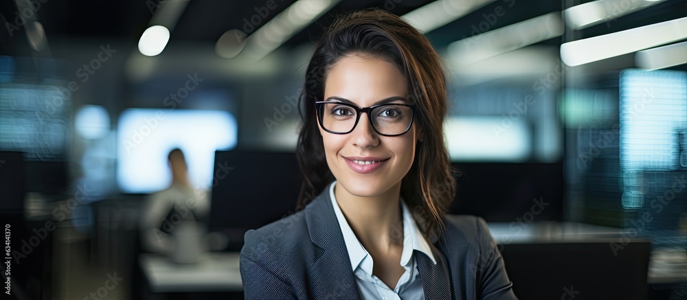 Poster a woman it developer poses with a smile surrounded by code in an office
