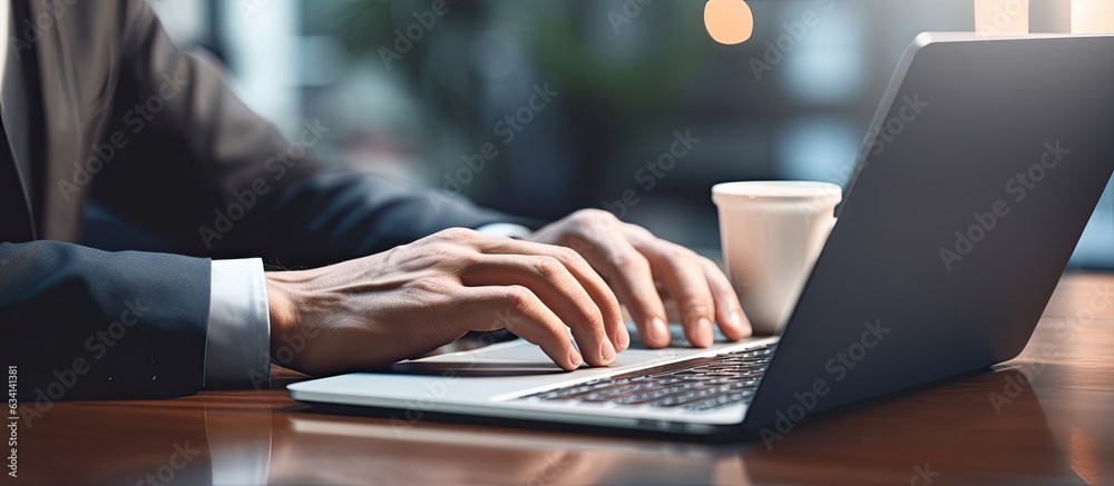 Poster Man using laptop with empty screen for advertising text message in office