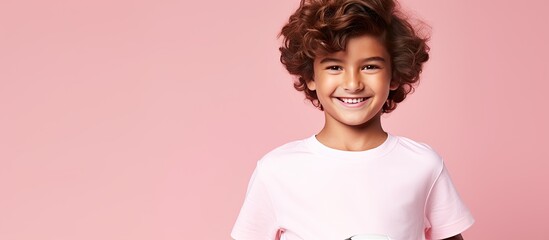 Fototapeta premium Arabic boy holding soccer ball in pink background with space