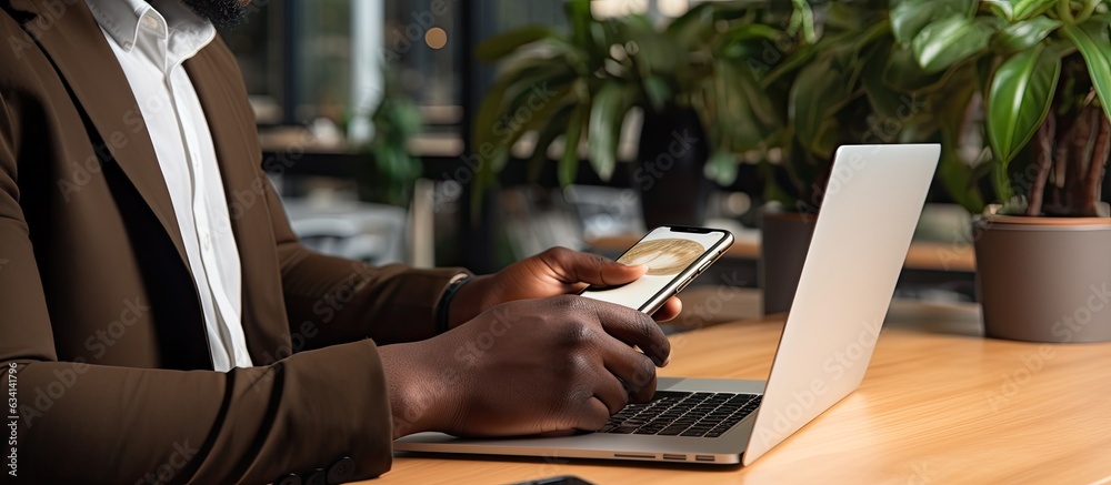 Poster african american man working with code on smartphone at office desk it developer concept