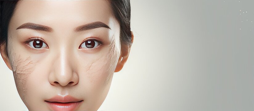 Half of the face of an Asian woman with fresh skin and freckles is featured on a white banner background