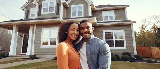 An ethnically diverse couple proudly poses in front of their new home holding house keys
