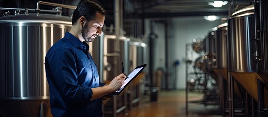 Two workers inspecting production at craft brewery using tablet - Powered by Adobe