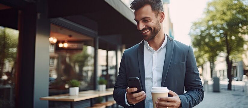 Man Talking With Client Walking And Drinking Coffee In The City Holding Coffee To Go And Speaking On Smartphone Outdoors Copy Space