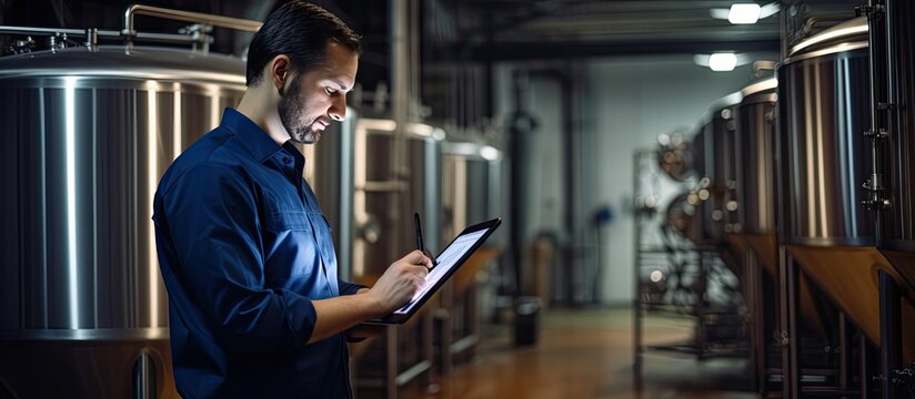 Two workers inspecting production at craft brewery using tablet - Powered by Adobe