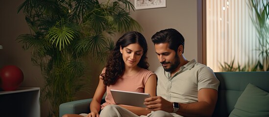 Hispanic couple on couch at home using tablet for Internet and social media Girl massaging boyfriend Copy space available