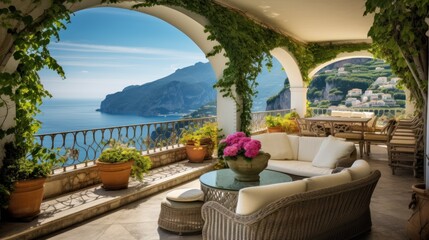 Fototapeta na wymiar Majestic villa situated along the captivating Amalfi Coast of Italy, granting breathtaking views of the shimmering Mediterranean Sea and the intricate terraced cliffs