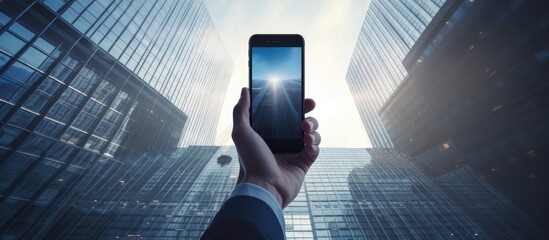 Businessman holding mobile phone in skyscraper interior with modern design background and copy space for advertising text