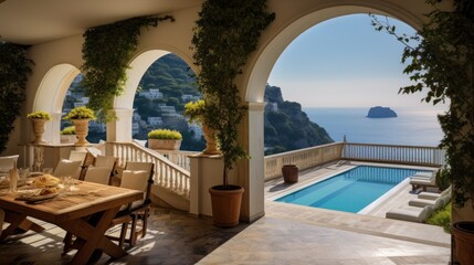 Obraz na płótnie Canvas Majestic villa situated along the captivating Amalfi Coast of Italy, granting breathtaking views of the shimmering Mediterranean Sea and the intricate terraced cliffs