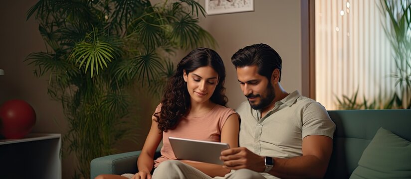 Hispanic Couple On Couch At Home Using Tablet For Internet And Social Media Girl Massaging Boyfriend Copy Space Available