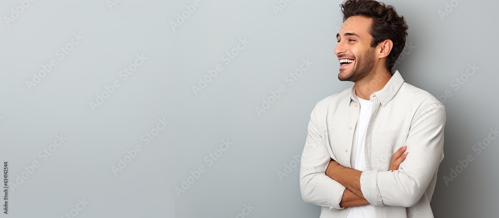 Aufkleber young man with a great idea pointing to lateral copy space looks happy and surprised
