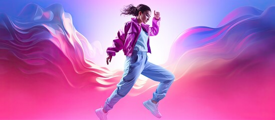 Fototapeta na wymiar Adolescent girl in trendy athletic attire hip hop dances on a pink purple gradient background illuminated by neon lights Reflects modern dance youth pa