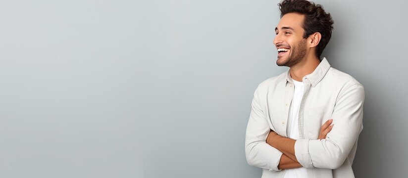 Young man with a great idea pointing to lateral copy space looks happy and surprised