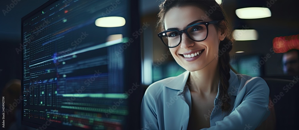 Poster A woman IT developer poses with a smile surrounded by code in an office