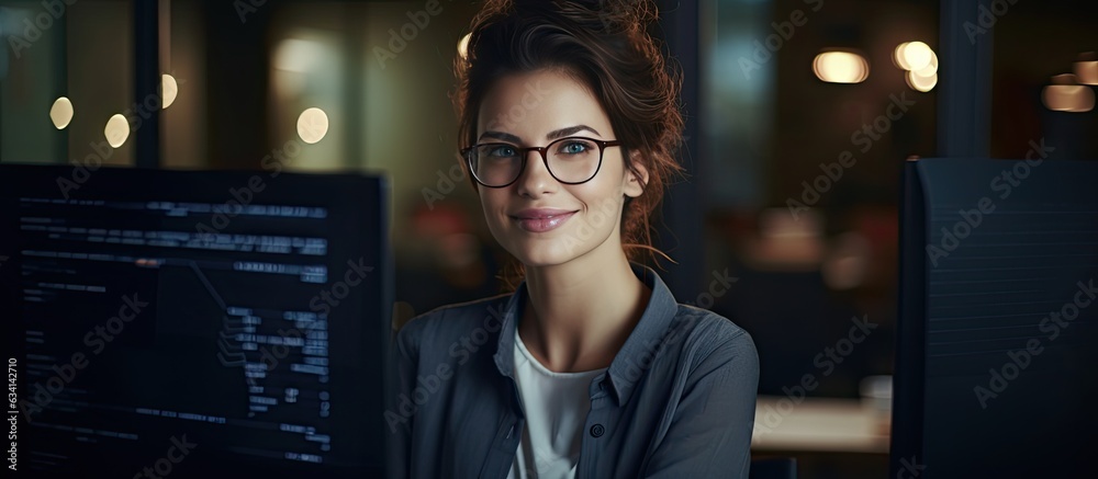Aufkleber a woman it developer poses with a smile surrounded by code in an office