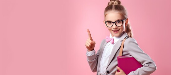 Exceptional student with school bag pointing and copy space isolated on pink background