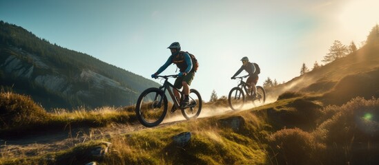 Fototapeta na wymiar Three friends on electric bicycles enjoying a scenic ride through beautiful mountains