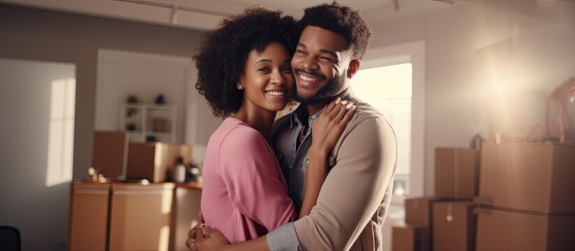 African woman with keys hugging boyfriend in new apartment after buying real estate