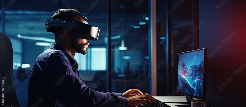 Leinwandbilder Side view of IT developer using computer in office for working on VR games and software with available space to duplicate