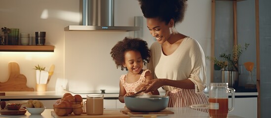 African American mother joyfully cooking in kitchen with baby on hands preparing healthy food stirring with spatula