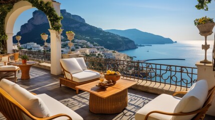 Fototapeta premium Majestic villa situated along the captivating Amalfi Coast of Italy, granting breathtaking views of the shimmering Mediterranean Sea and the intricate terraced cliffs