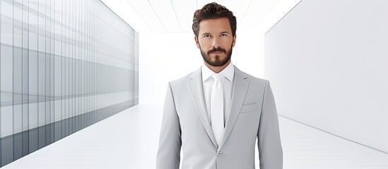 Confident businessman with tablet looking at blank wall